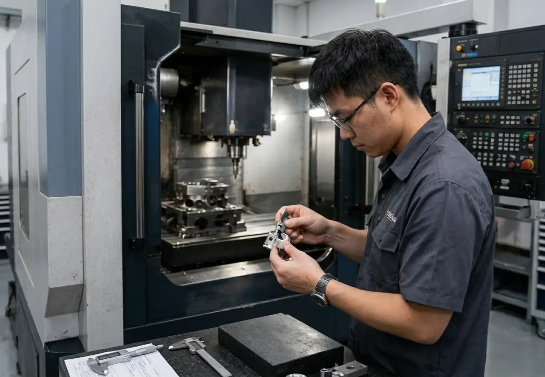 Technician measuring a CNC machined part with a precision measuring tool