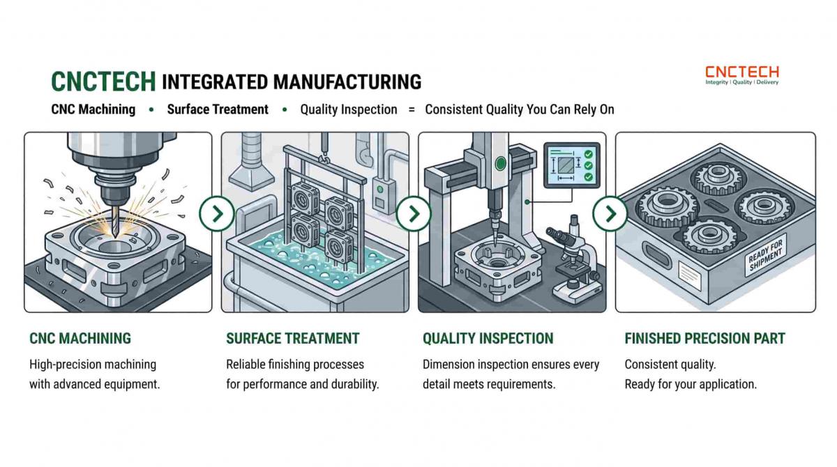 Manufacturing-process-sequential-CNCTech CNCTech’s manufacturing process covers precision CNC machining, surface finishing, and quality inspection to deliver consistent, application-ready parts.
