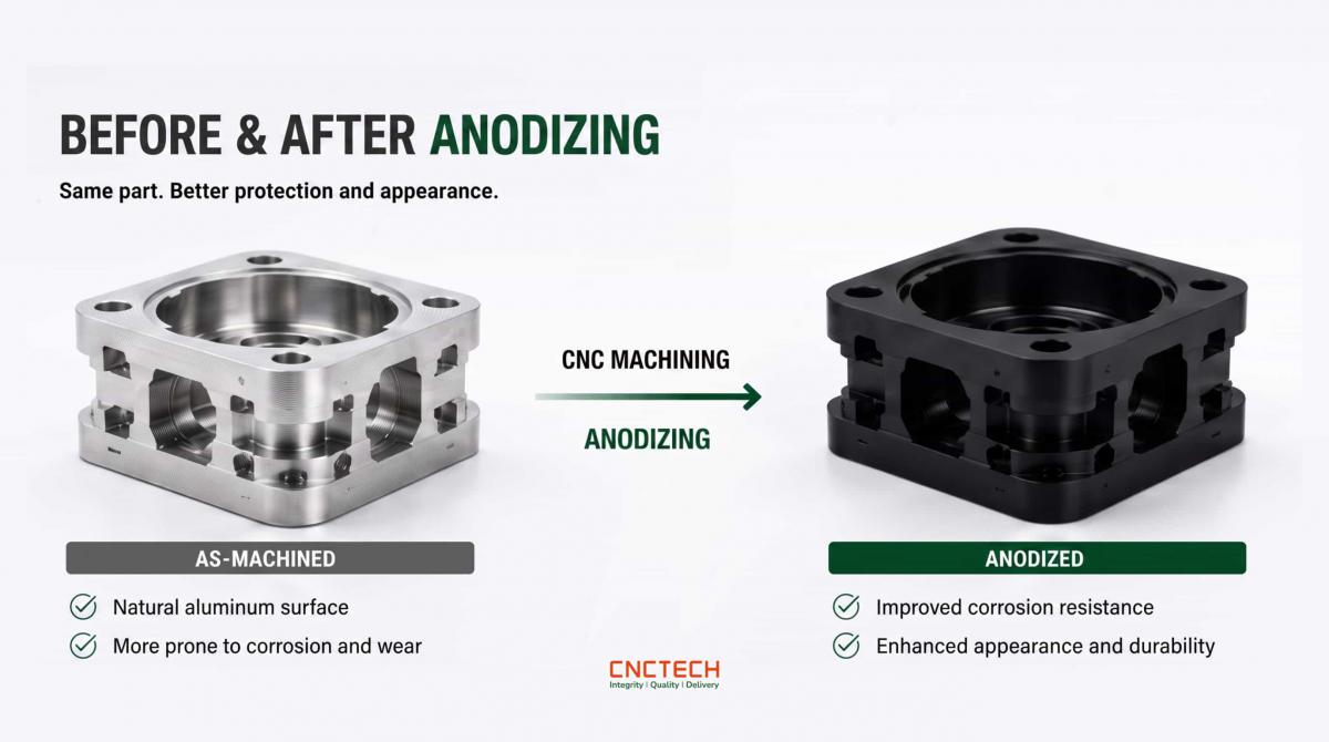 Comparison of an aluminum part before and after anodizing, showing improved corrosion resistance and a black anodized finish